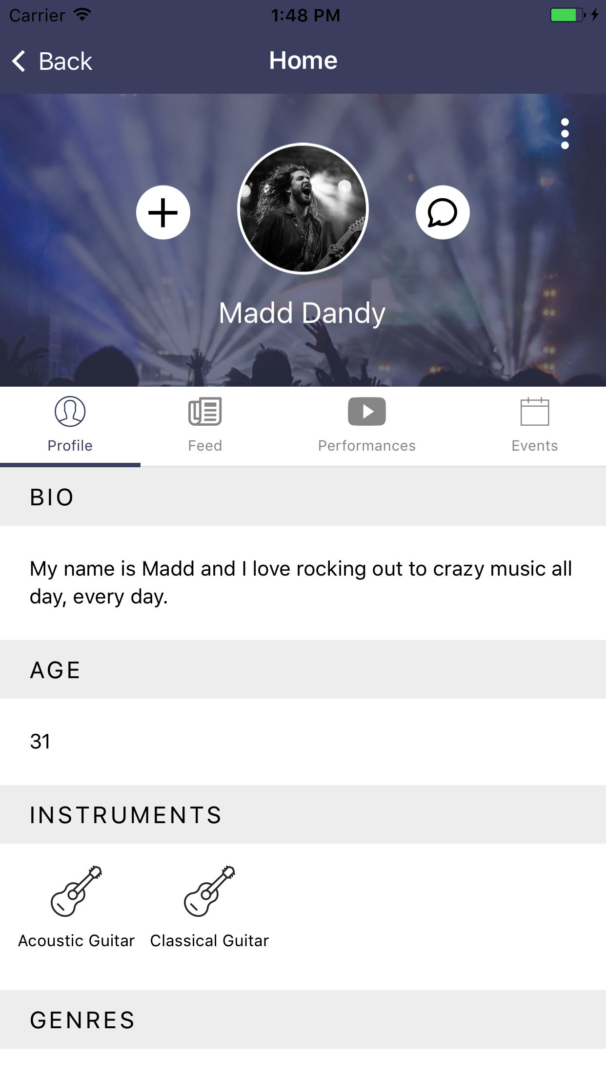 Musician profile screen
